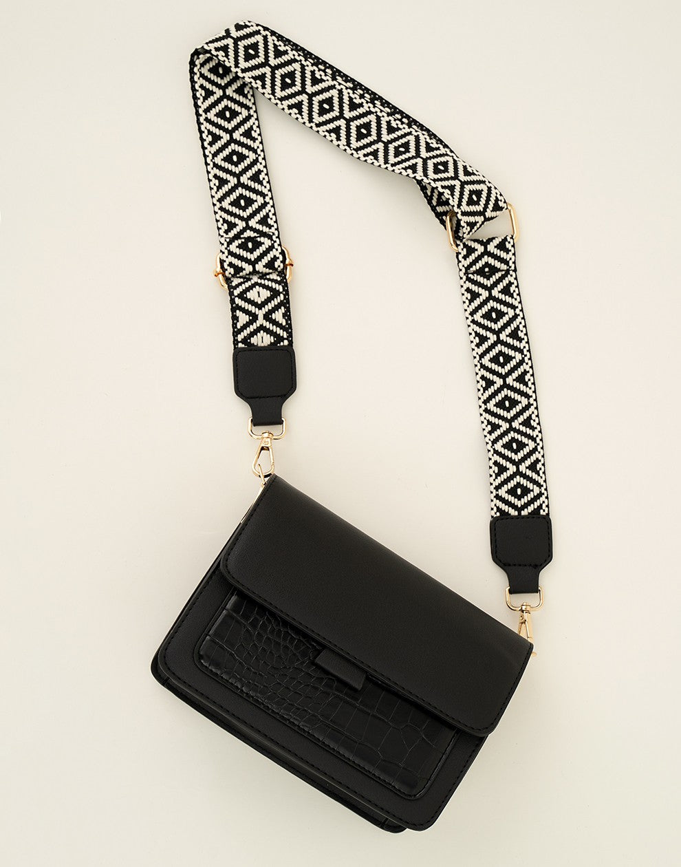 schoudertas croco met luxe band zwart