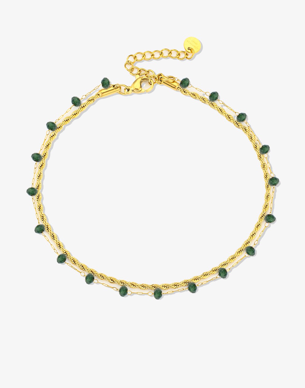 Enkelbandje dubbel met groene kralen