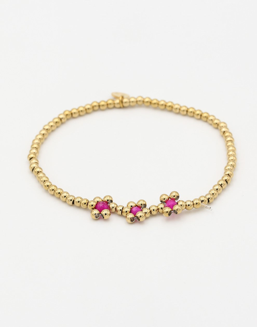 Stretch armband bolletjes bloemen fuchsia