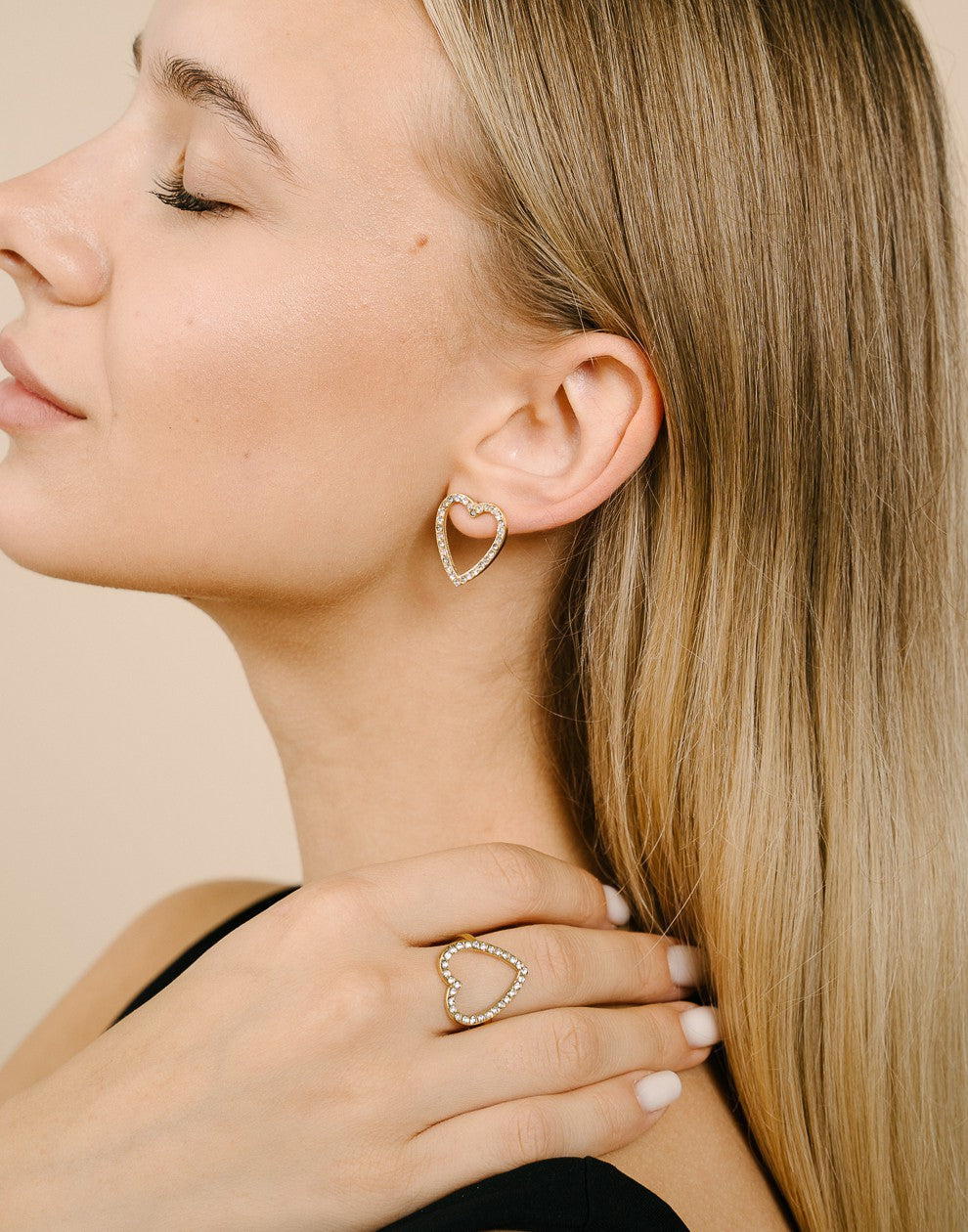 ring open hart strass goudkleurig