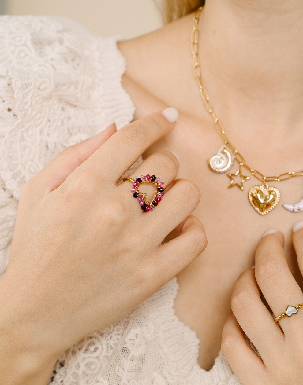 Ring heart beads fuchsia