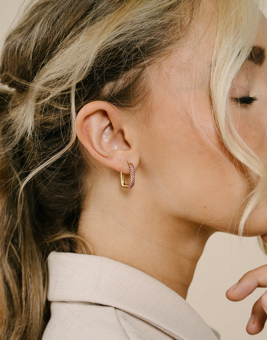 oval earrings with stones, fuchsia, gold-colored