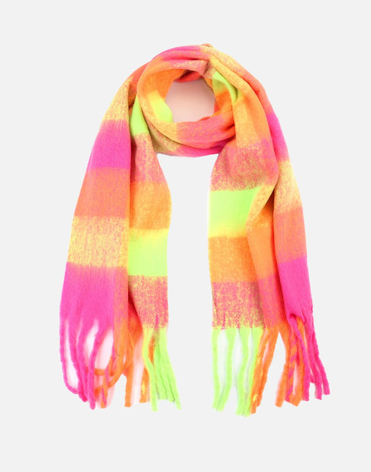 Wintersjaal geblokt met slierten fuchsia oranje
