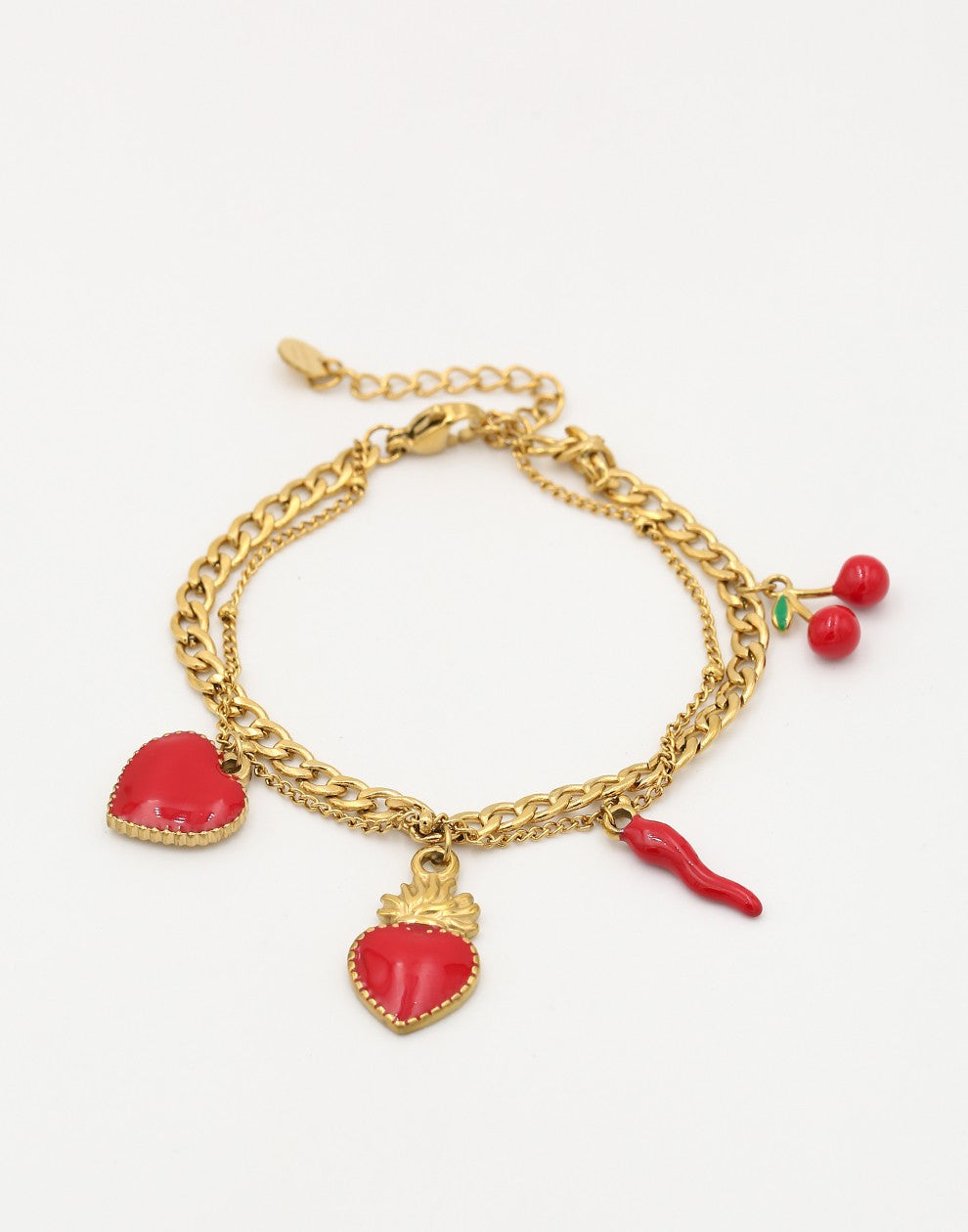 Schakelarmband rode bedels goudkleurig
