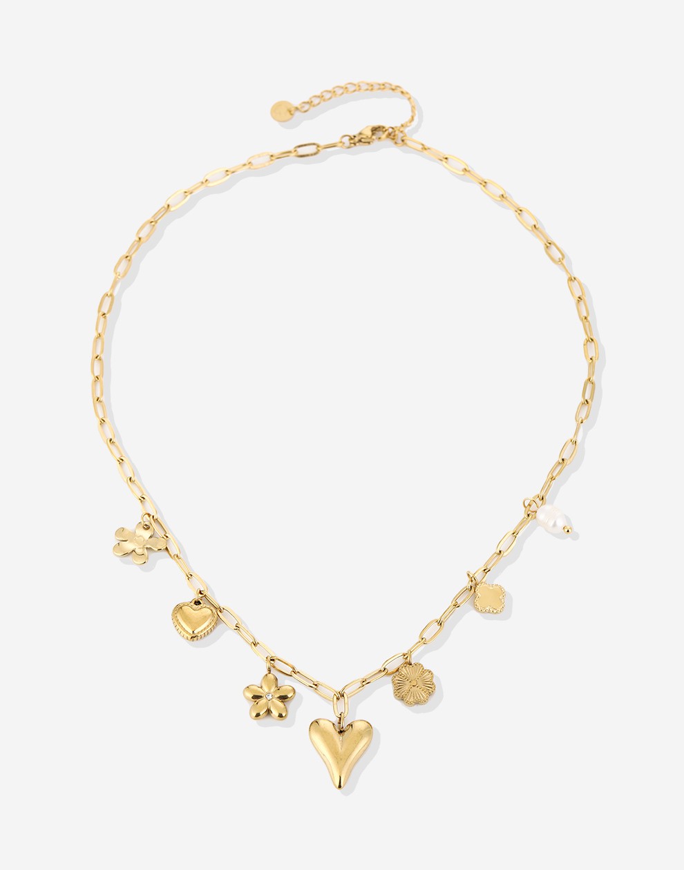 Bedelketting bloemen en hartjes goudkleurig