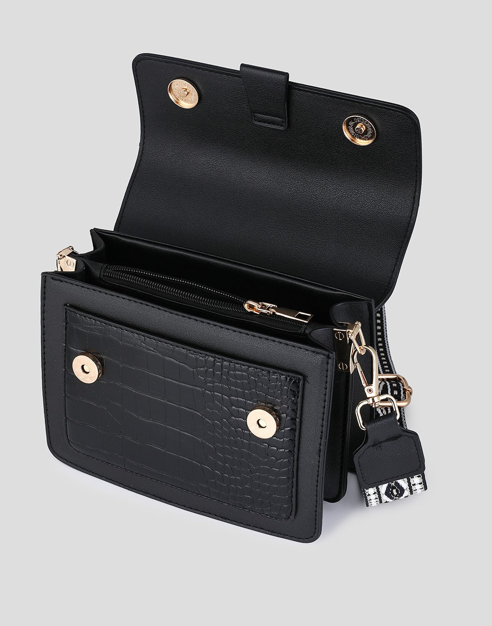Schoudertas zwart croco met luxe band