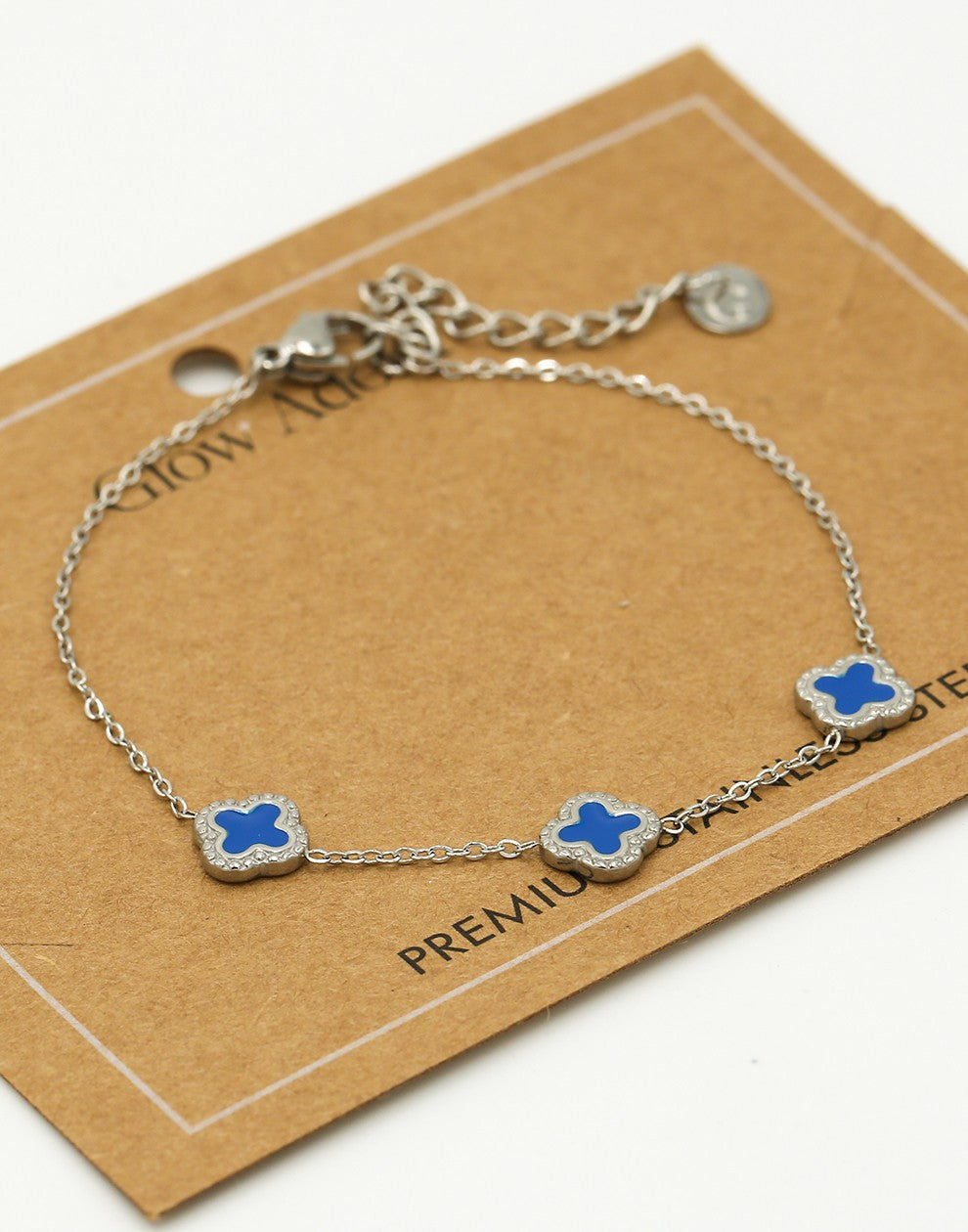 Armband klavers blauw zilverkleurig