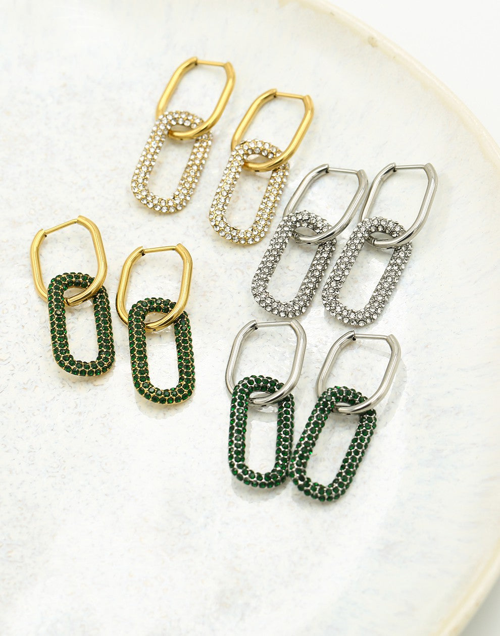 Oorringen ovale hanger zirkonia goudkleurig groen