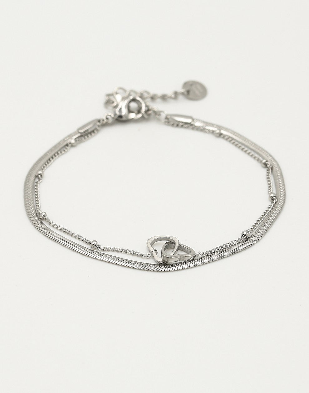 Dubbelle armband snake chain en hartjes zilverkleurig