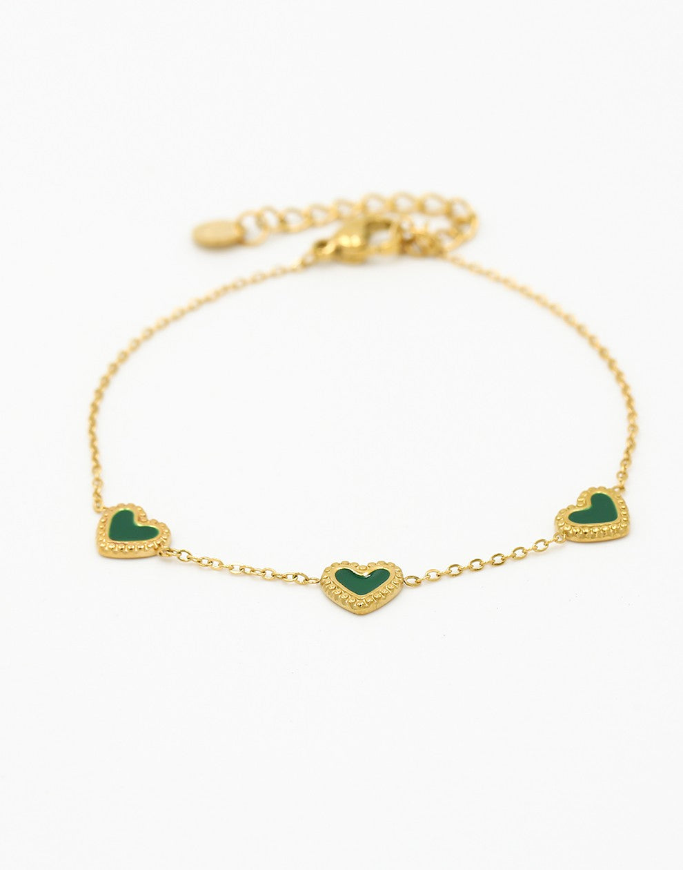 Armband drie hartjes goudkleurig groen