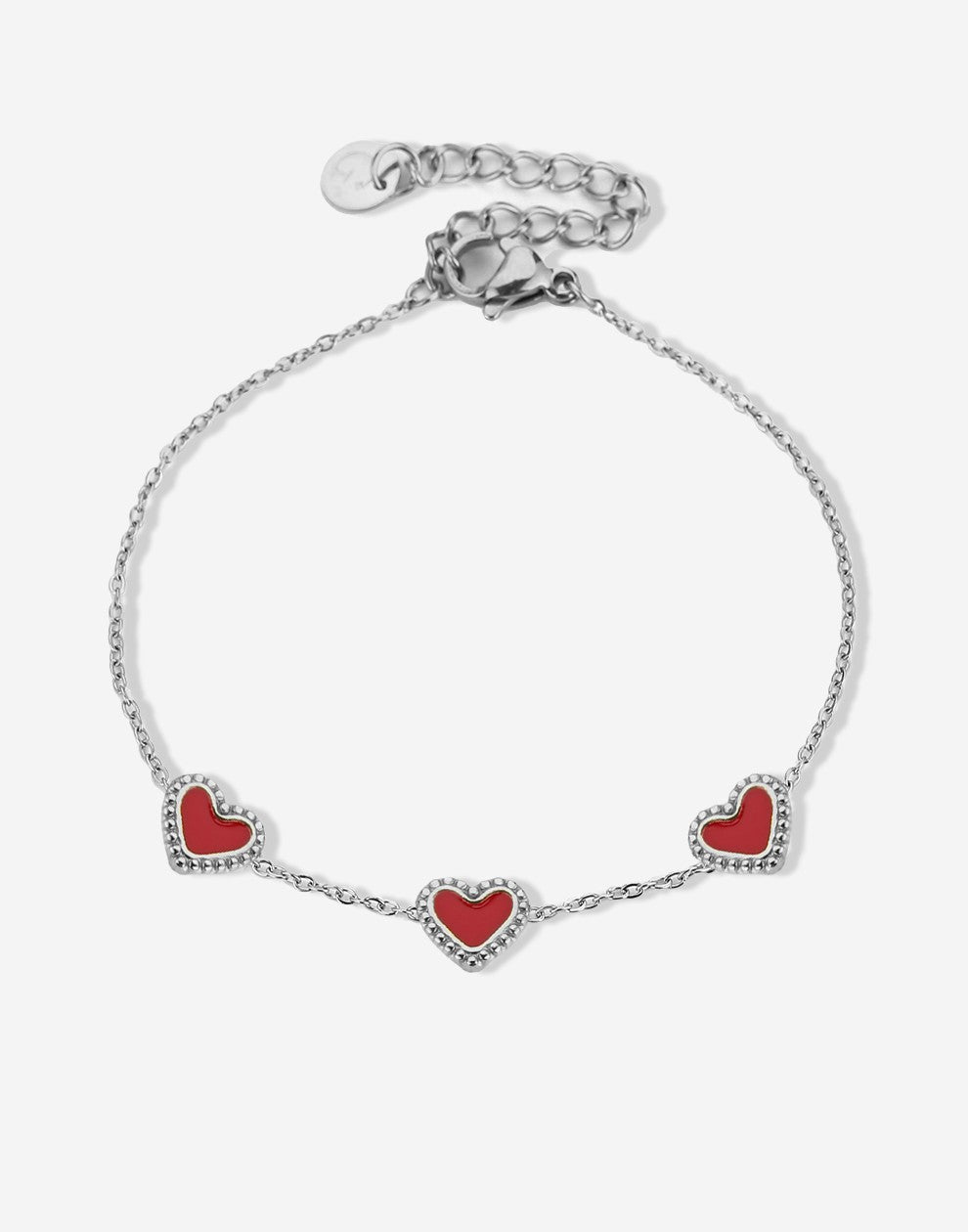 armband drie hartjes rood zilverkleurig