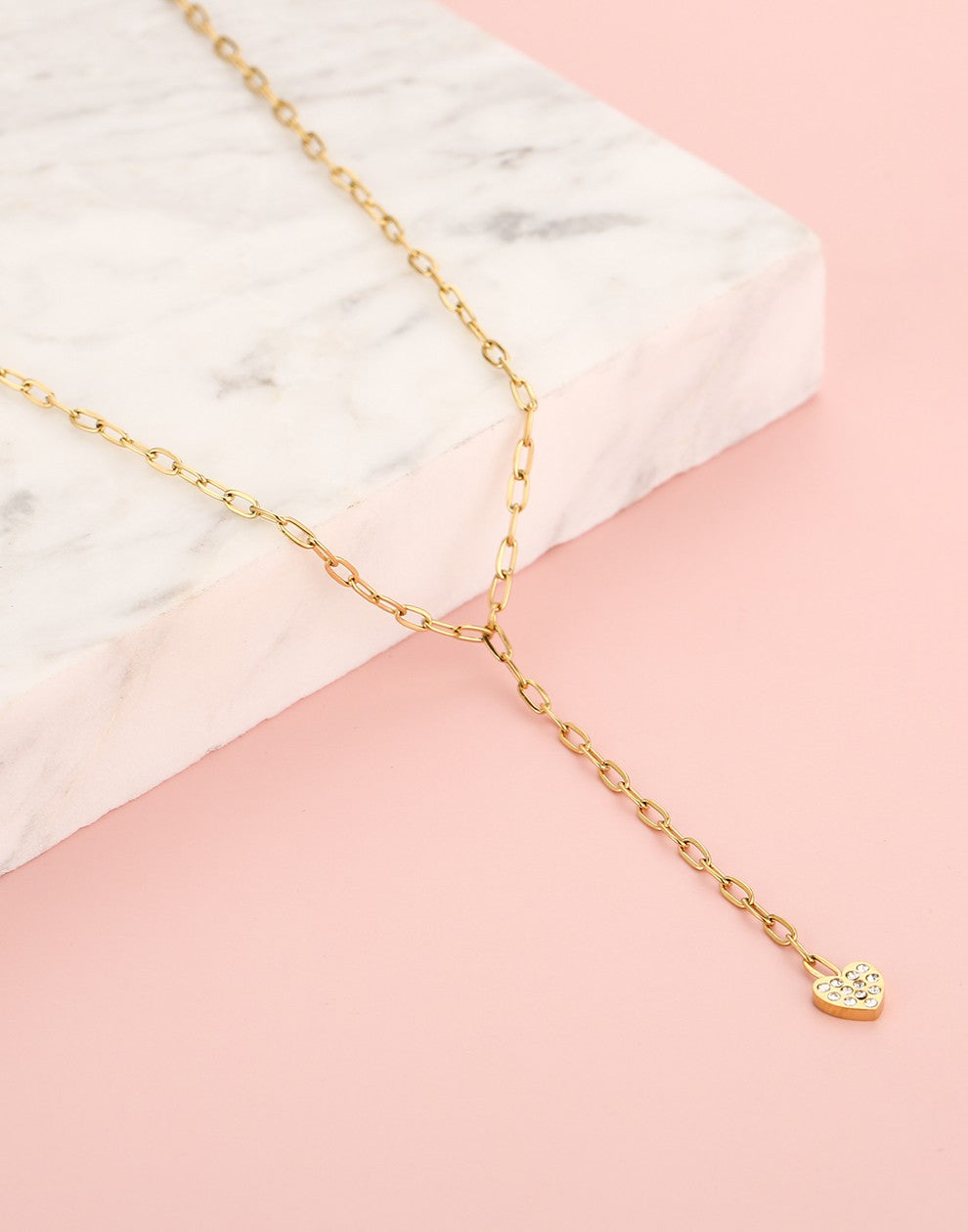 Y ketting strass hartje goudkleurig