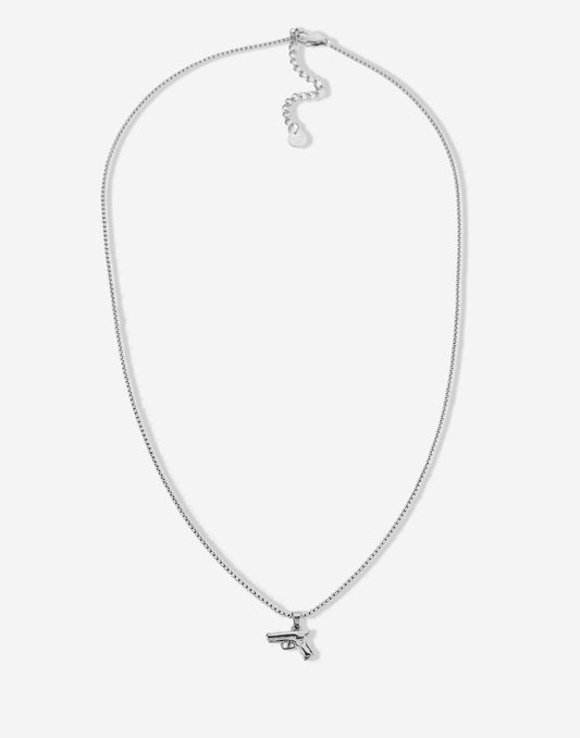 silver-colored pistol chain