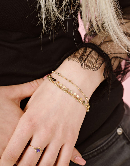 Bracelet with coins and balls, gold-colored chain