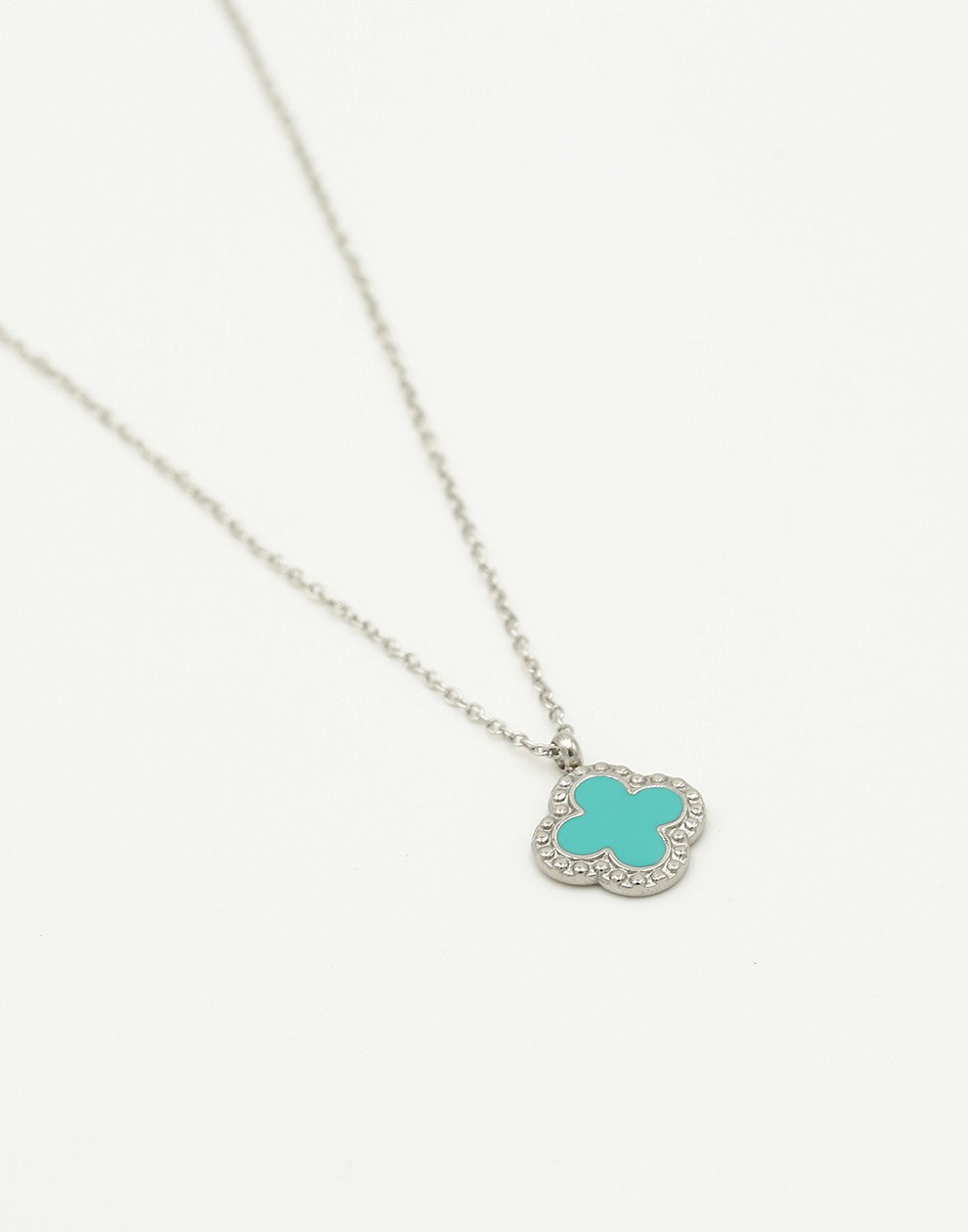 Lange ketting klaver turquoise zilverkleurig