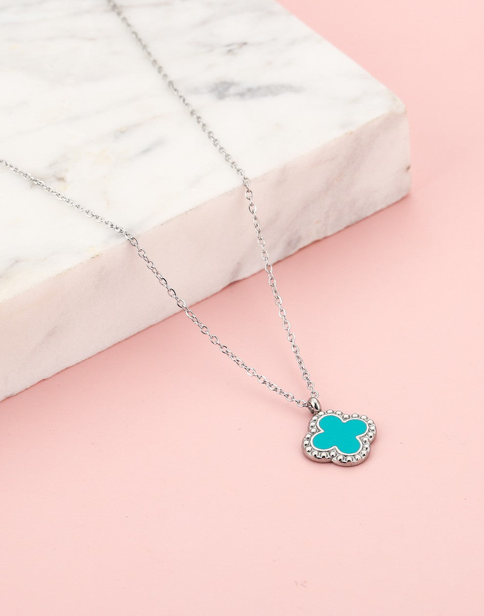 Lange ketting klaver turquoise zilverkleurig
