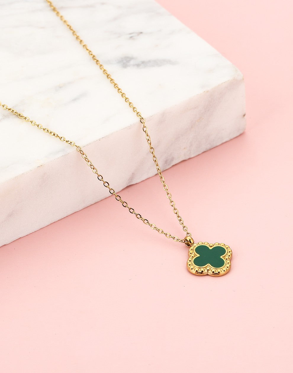 Lange ketting klaver groen goudkleurig