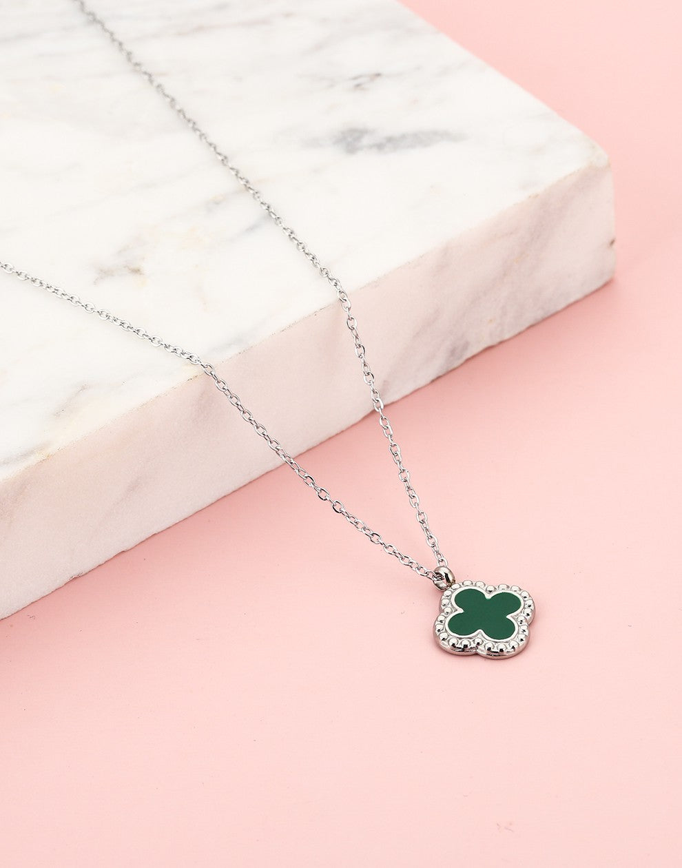 Lange ketting klaver groen zilverkleurig