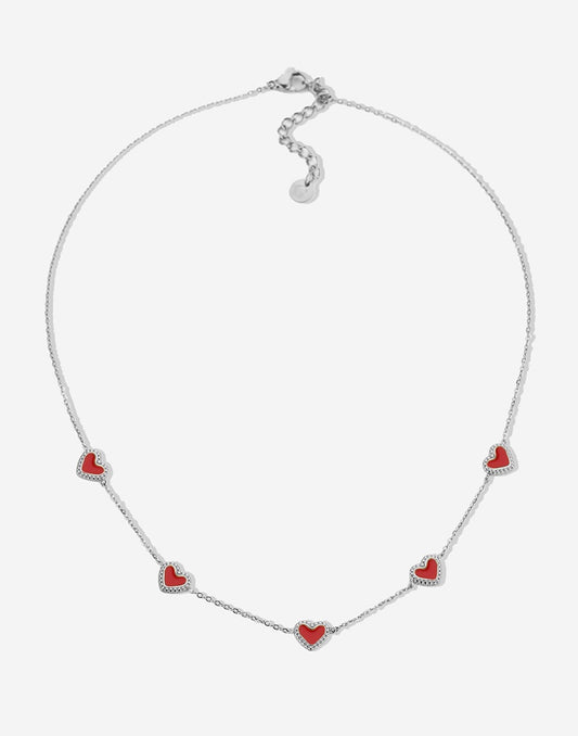 ketting vintage hartjes rood zilverkleurig