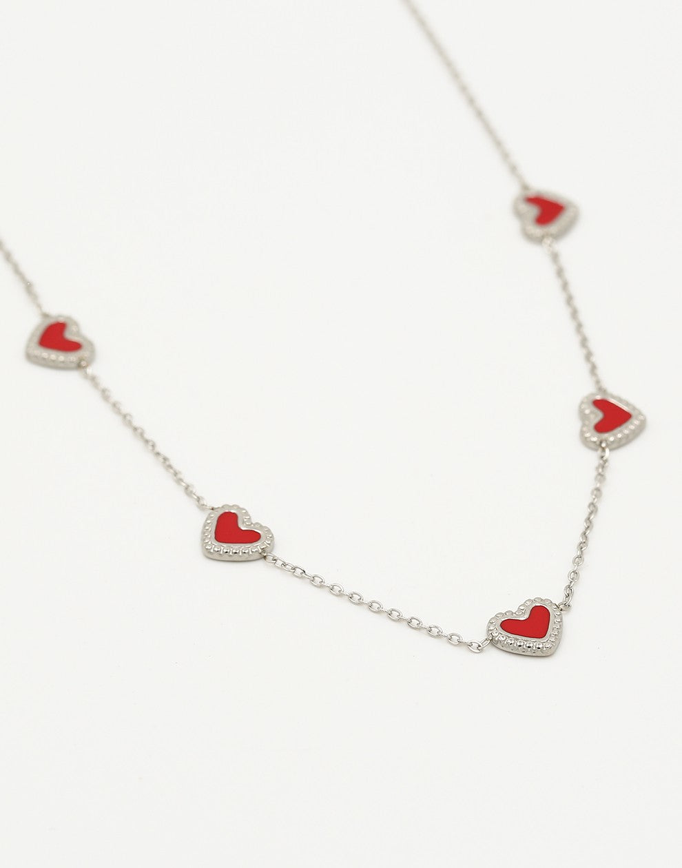 ketting vintage hartjes rood zilverkleurig
