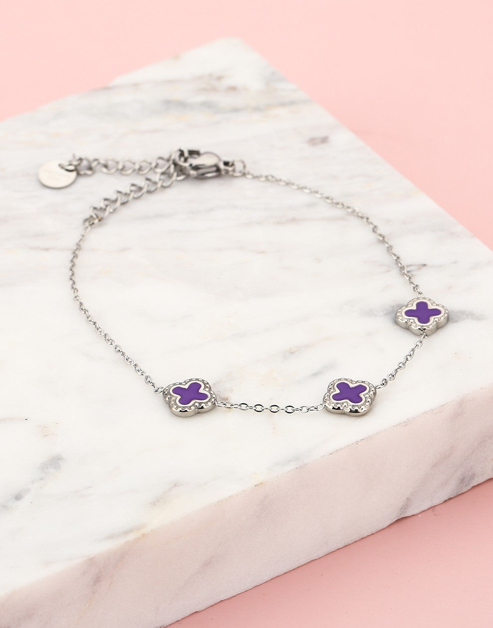 Armband klavers paars zilverkleurig