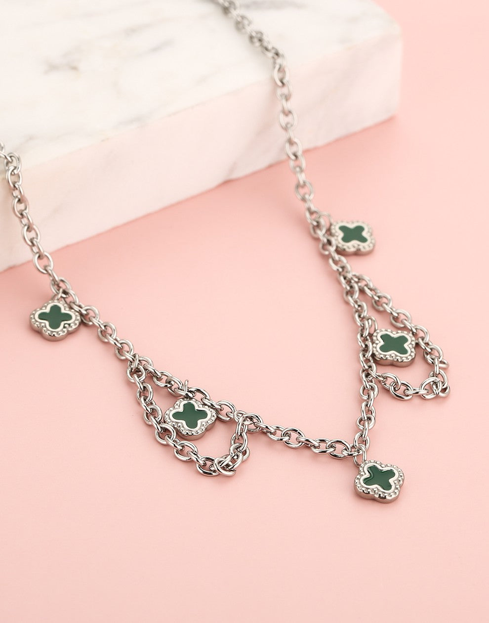 Schakelketting klavers groen zilverkleurig