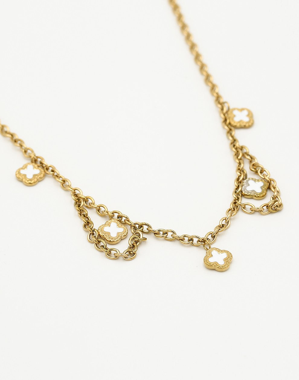 Schakelketting klavers wit goudkleurig