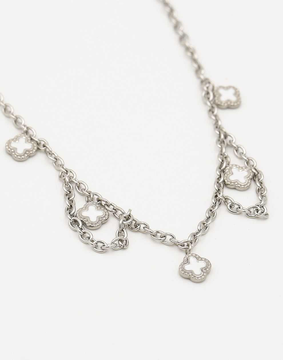 Schakelketting klavers wit zilverkleurig