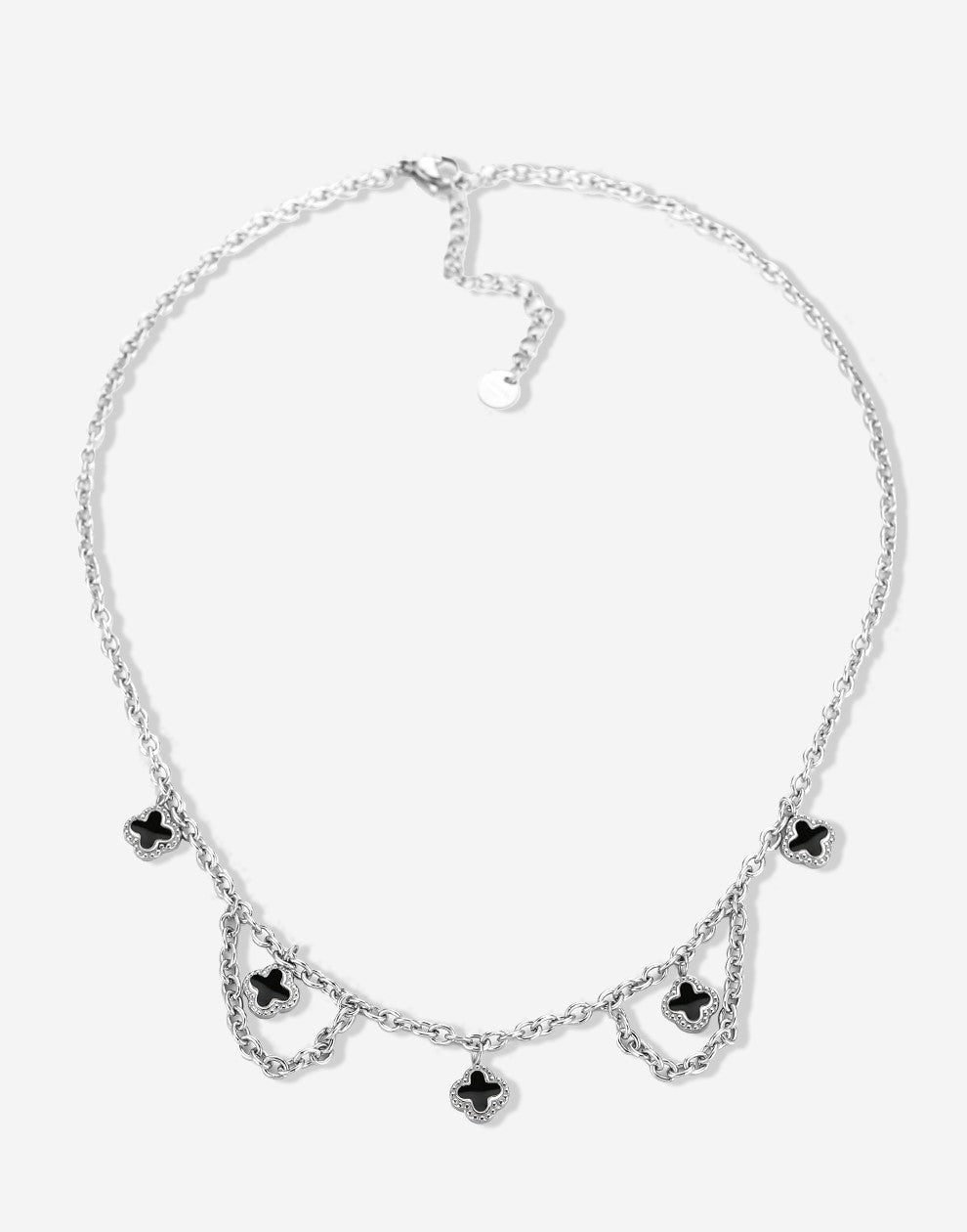Schakelketting klavers zwart zilverkleurig