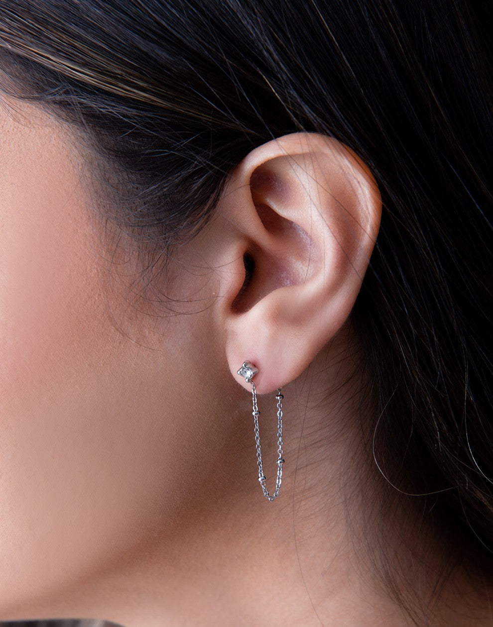 oorbellen steentje met ketting zilverkleurig