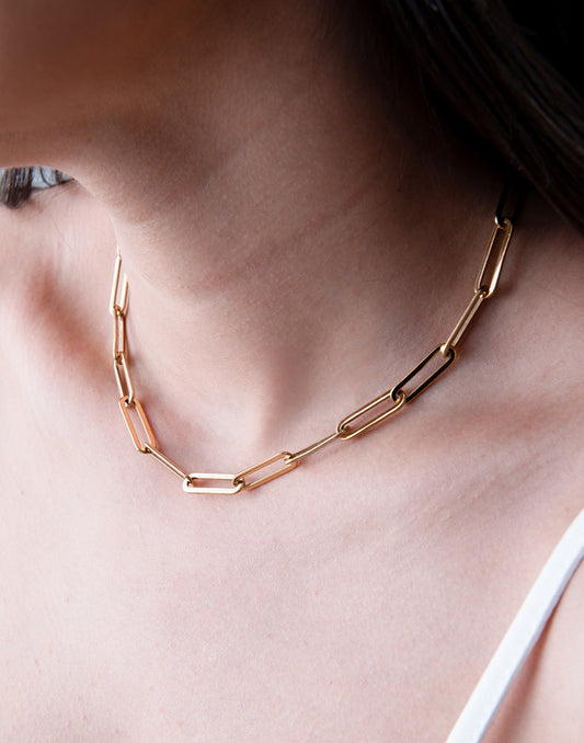 Chunky gold-colored paperclip link chain