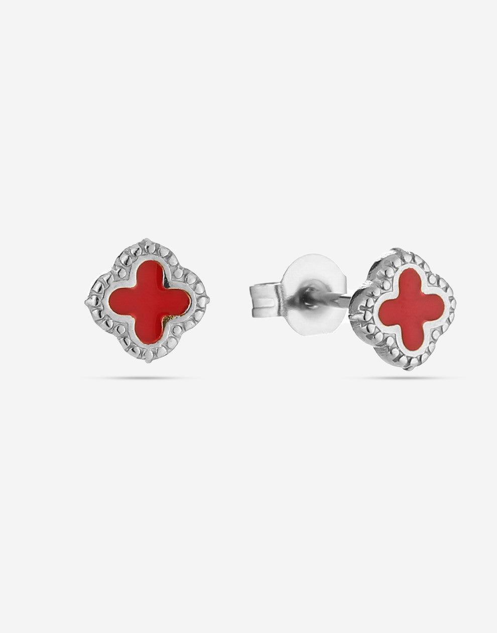 Studs klavers rood zilverkleurig