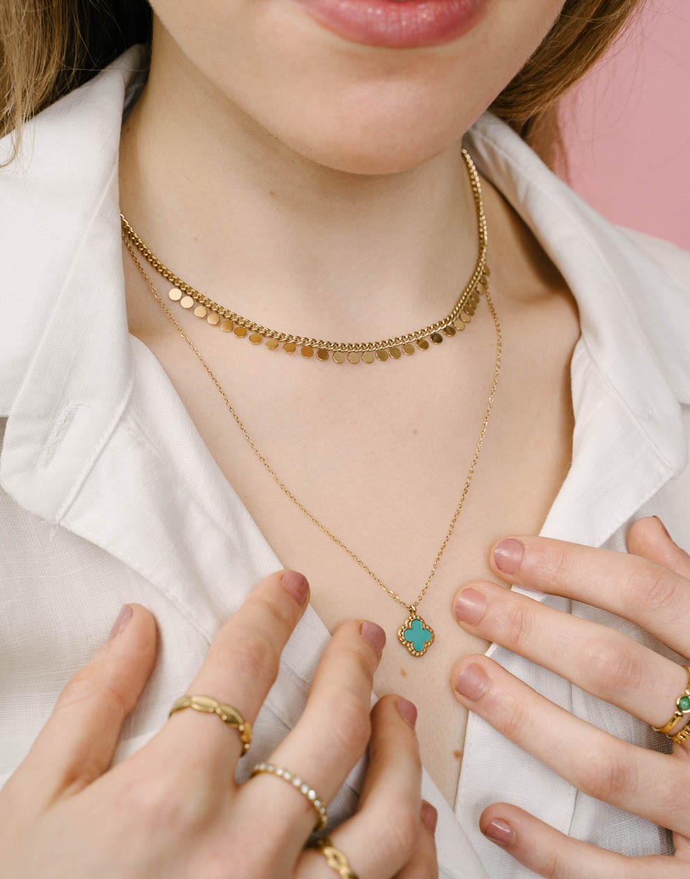 Lange ketting klaver turquoise goudkleurig