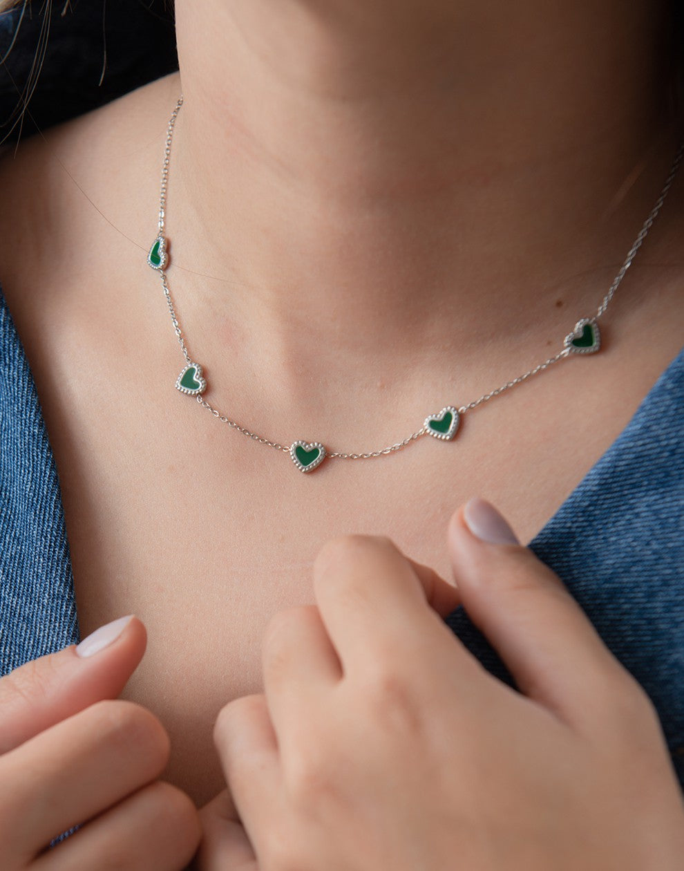 ketting vintage hartjes groen zilverkleurig