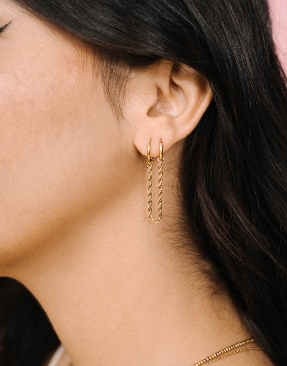 Double earrings twisted chain gold-colored