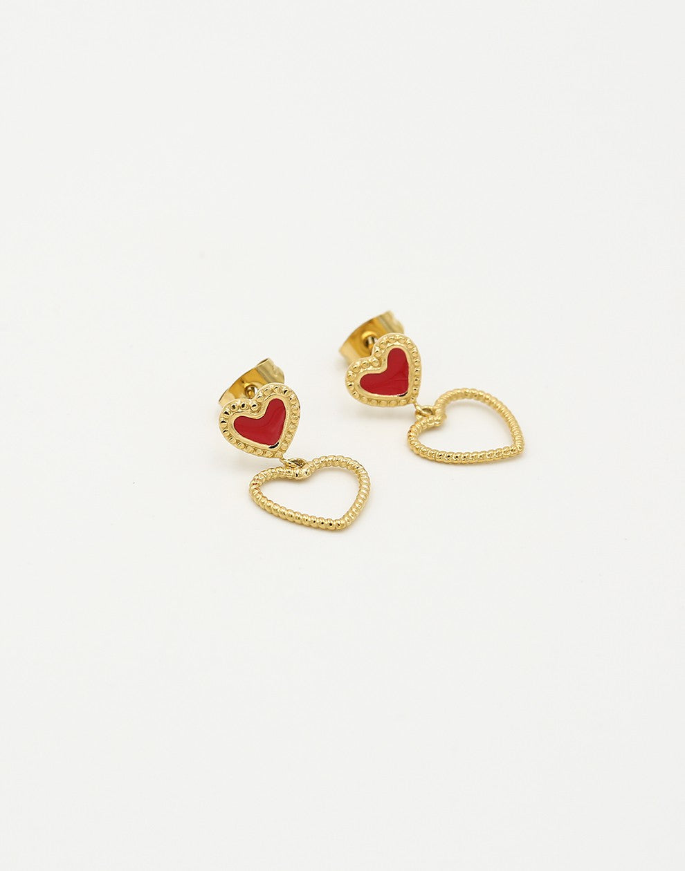 Stud earrings double hearts red