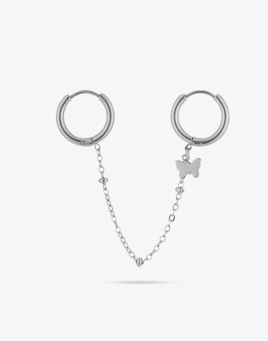 Double earrings with butterfly silver-colored