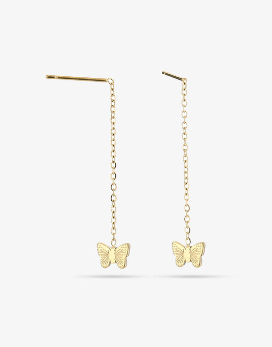 gold-colored butterfly pull-through earrings