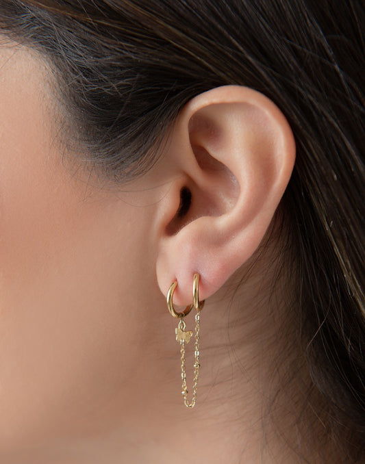 Double earrings with butterfly gold-colored