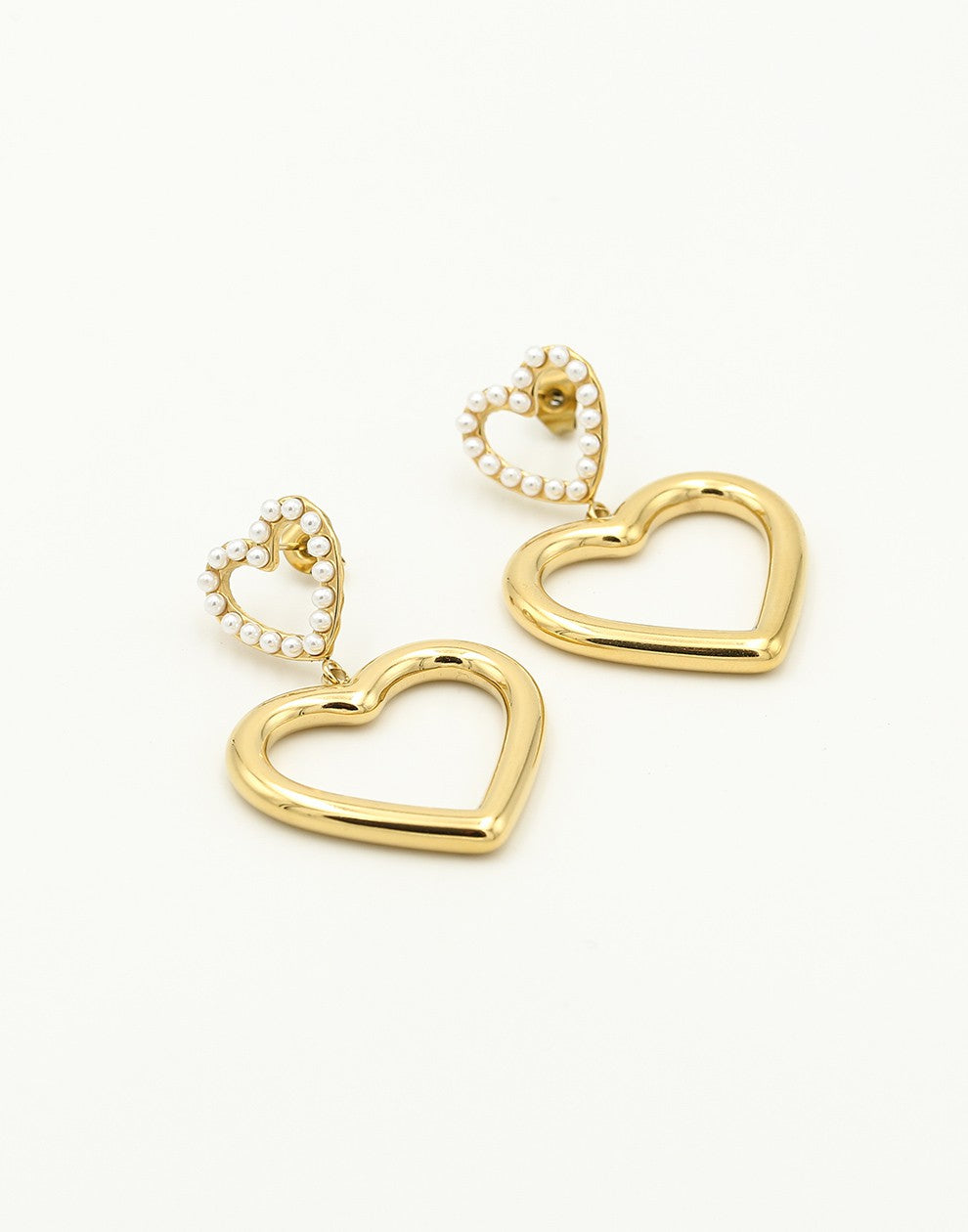 earrings double hearts with gold-colored pearls