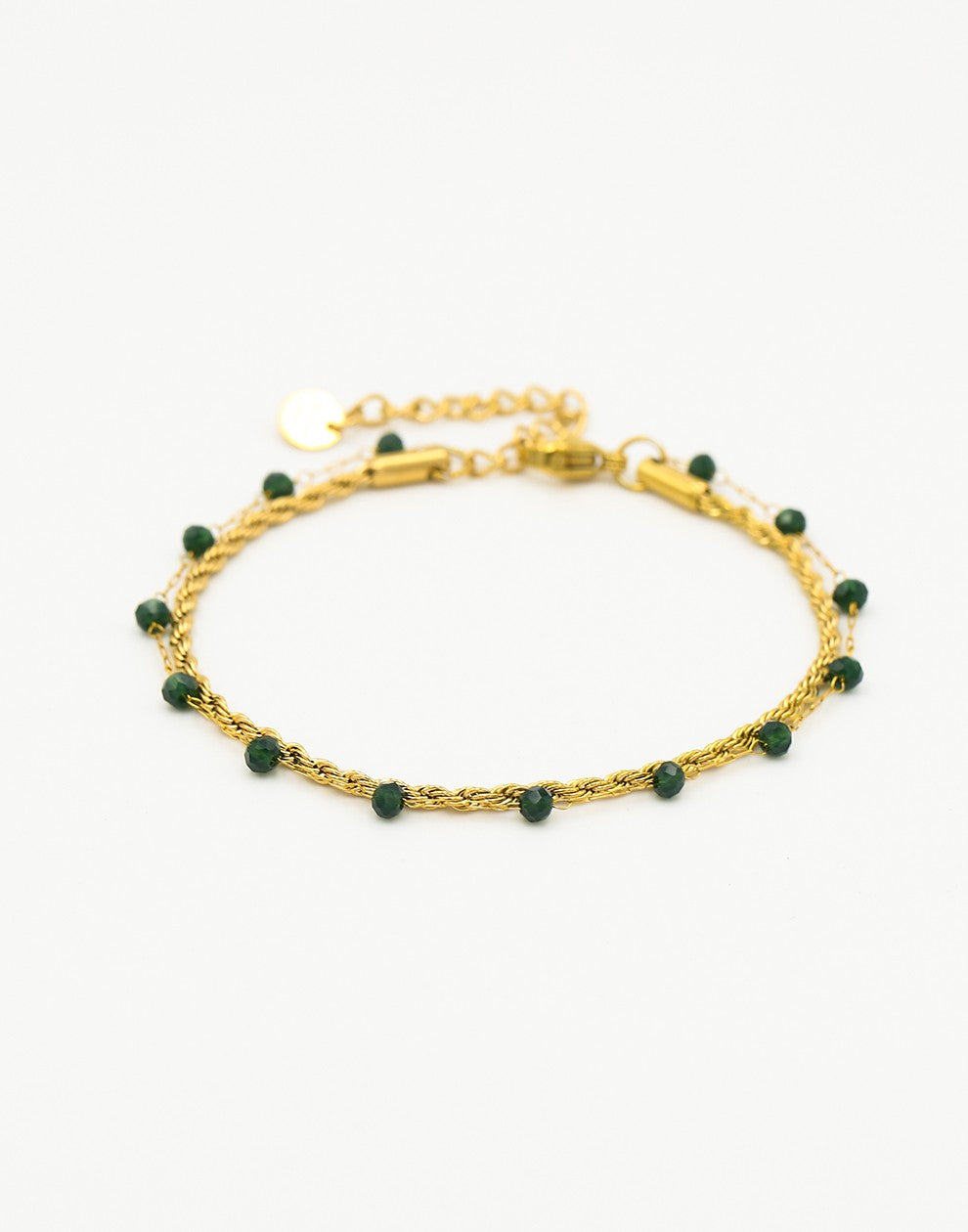 Dubbele armband groen kraal goudkleurig