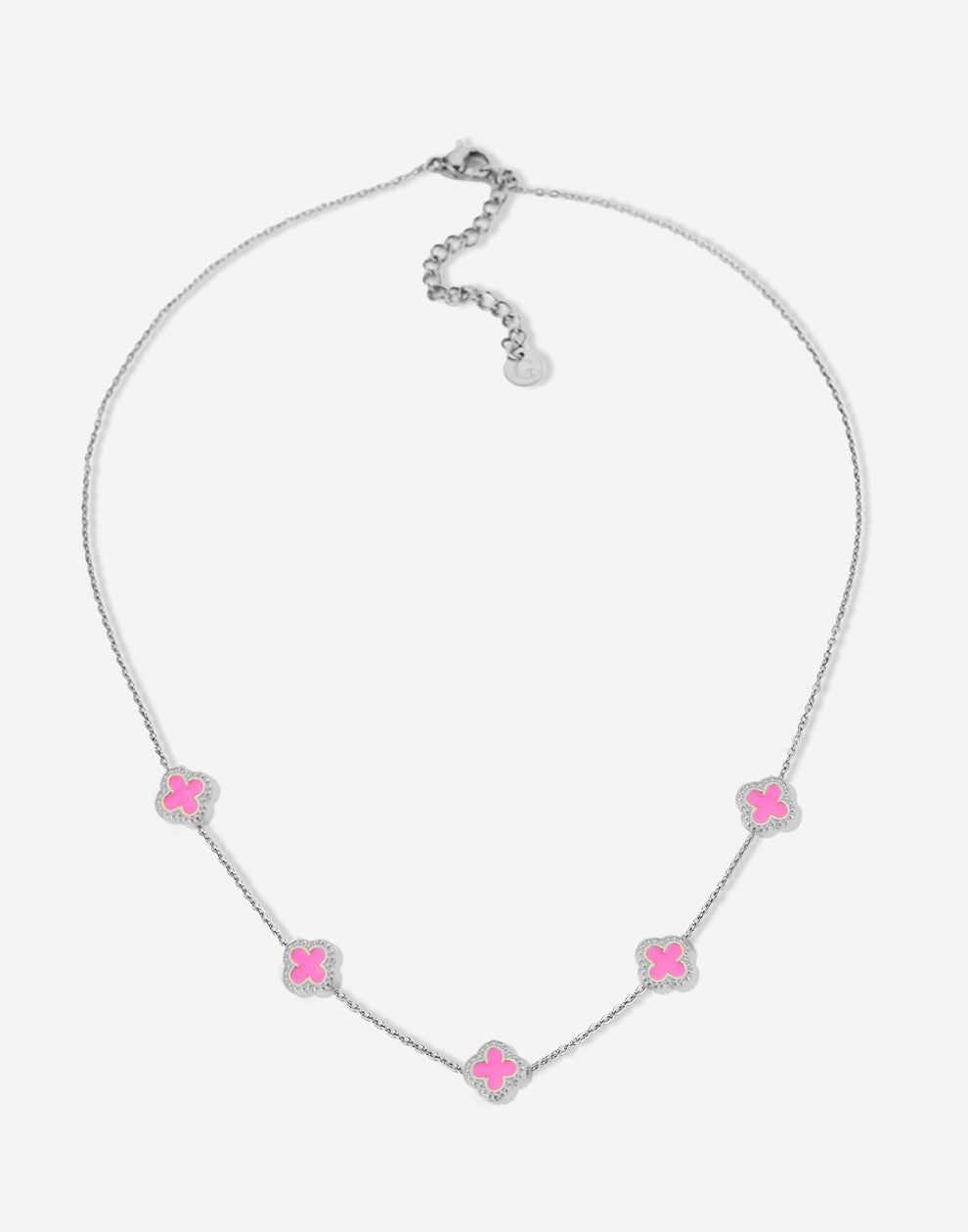 Ketting klavers fuchia zilverkleurig