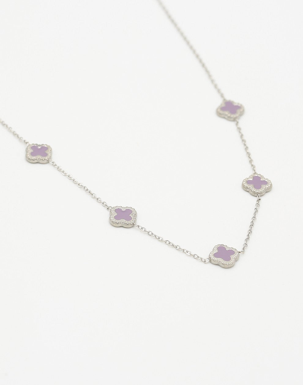 Ketting klavers lila zilverkleurig
