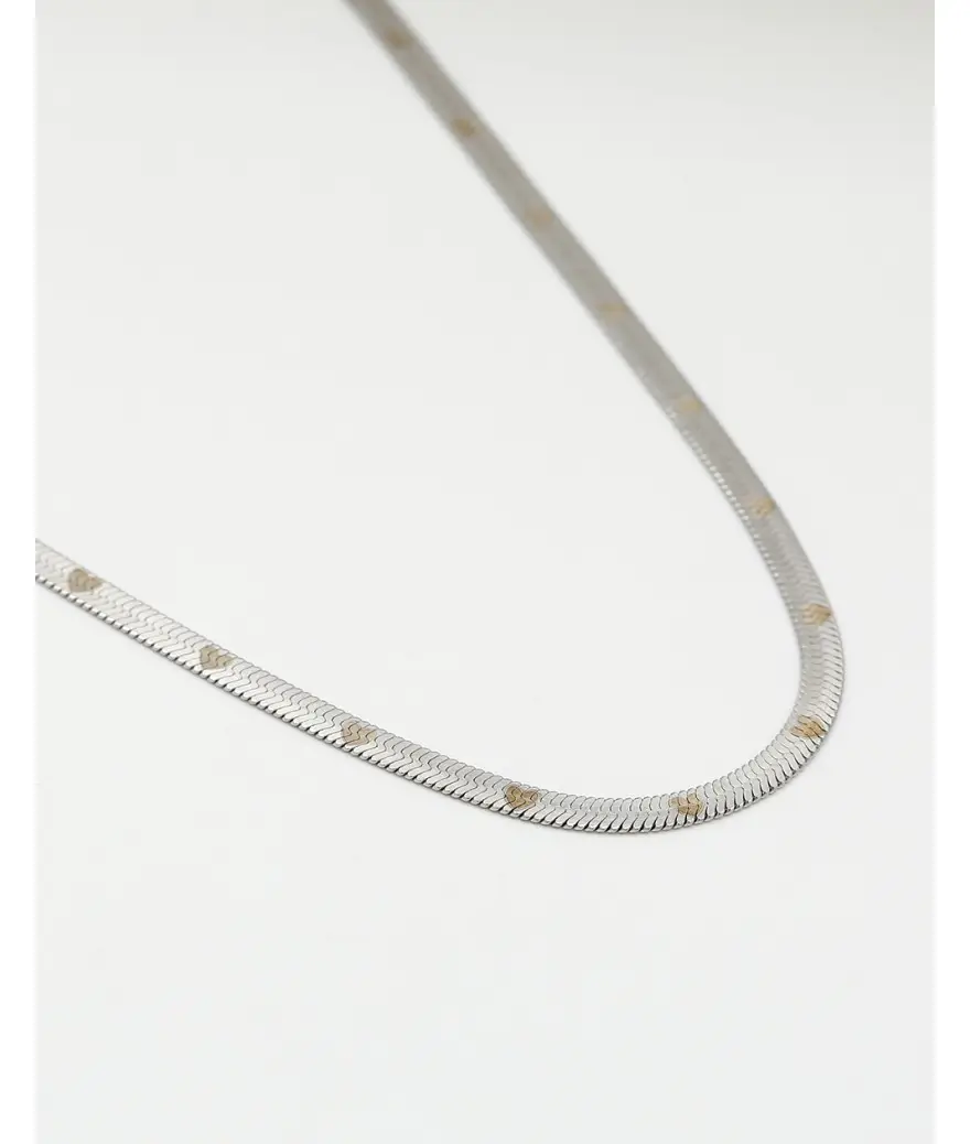 Flat snake chain ketting met hartjes print zilverkleurig