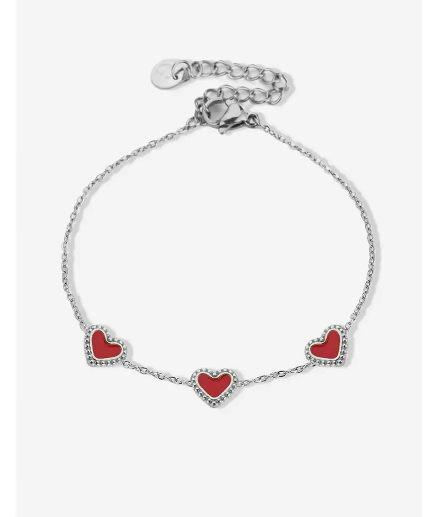 armband drie hartjes rood zilver