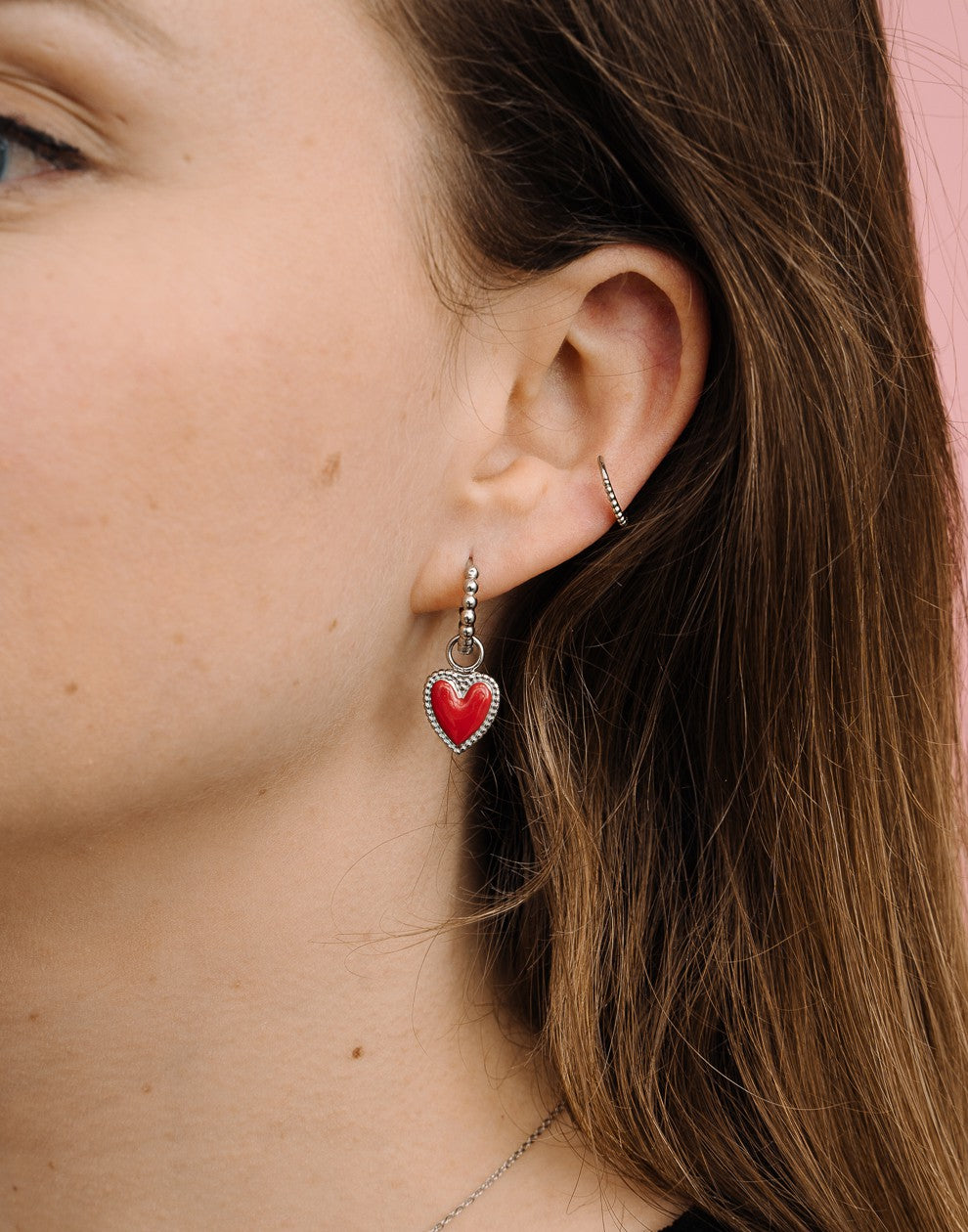 vintage hoop earrings heart red silver colored