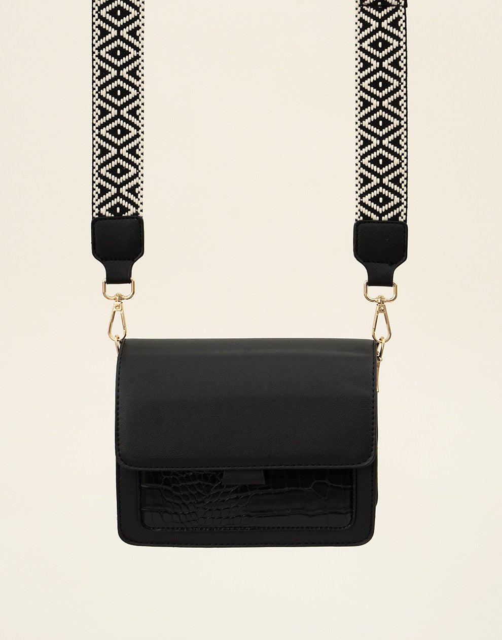 schoudertas met croco en luxe bagstrap zwart