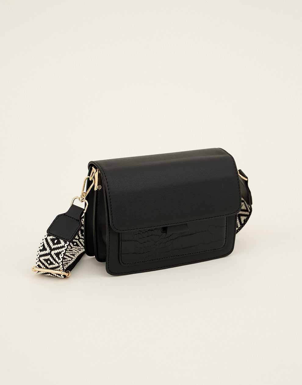 schoudertas met croco en luxe bagstrap zwart