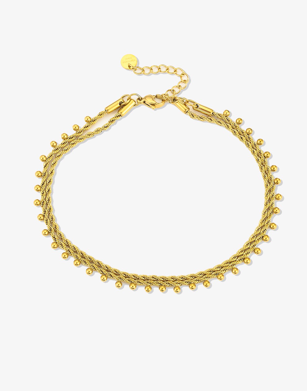 Enkelbandje dubbel chain gedraaid bolletjes goudkleurig