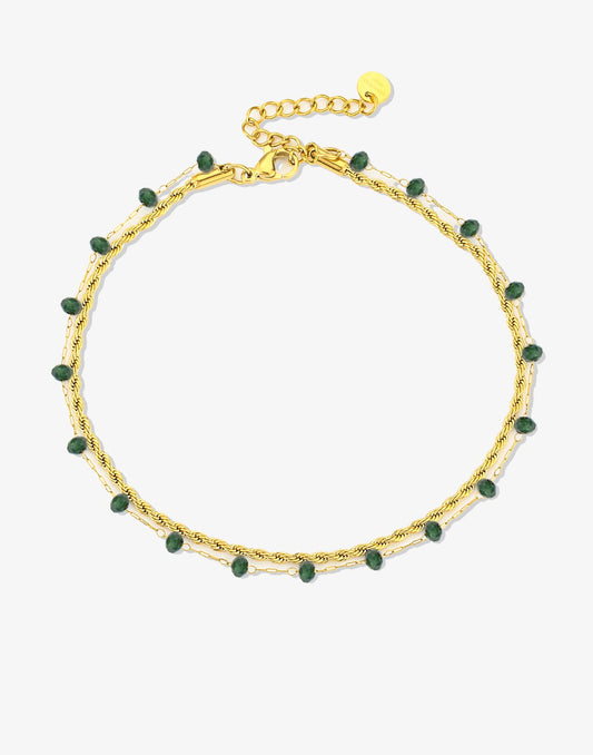 Enkelbandje dubbel met groene kralen